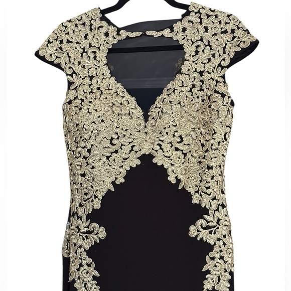 Betsy & Adam Black Gown with Gold Floral Lace Applique Sheer Mesh Detail Size 10 - Picture 3 of 6